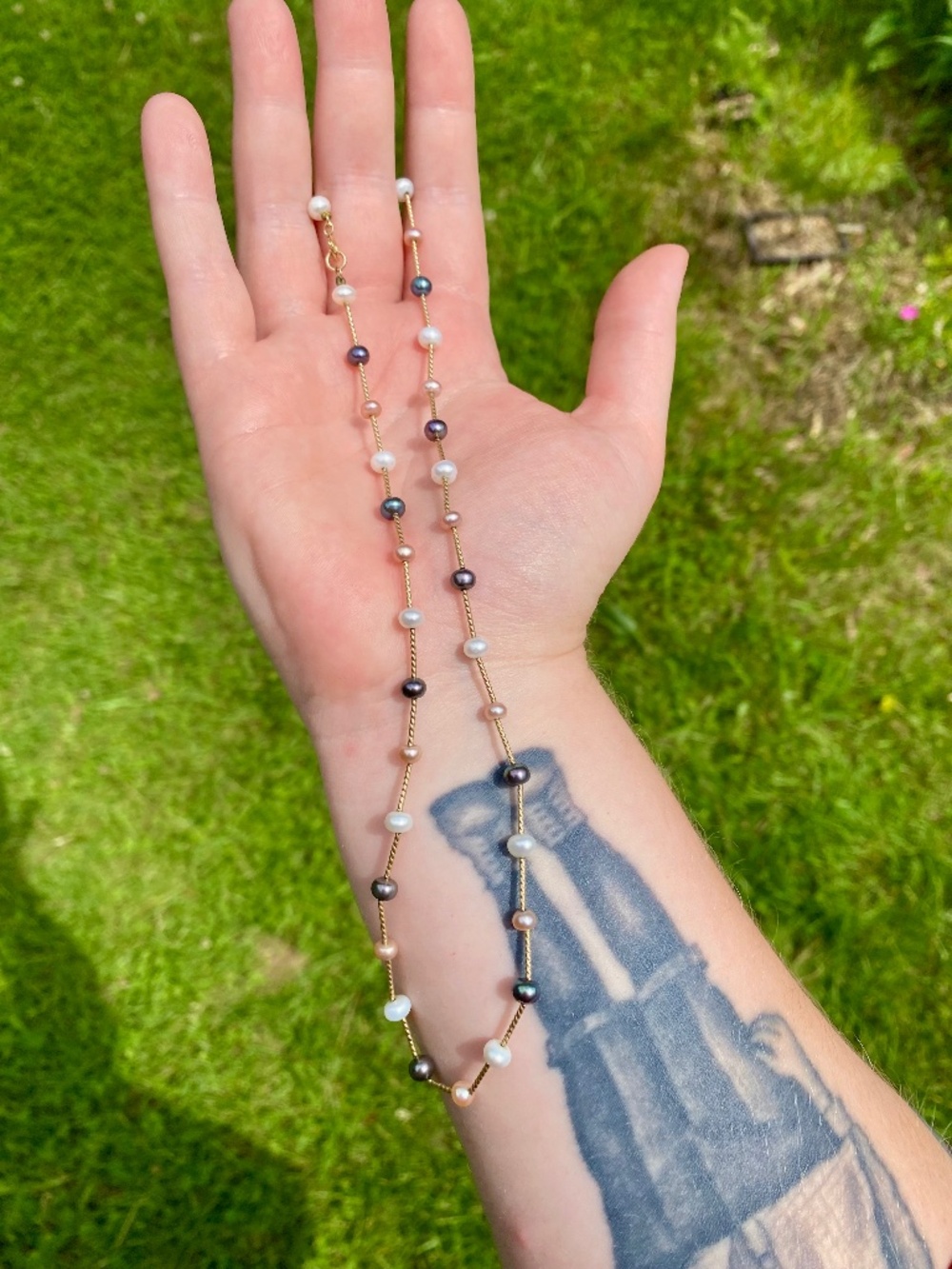10K Yellow Gold Multi-Color Pearl Station Necklace